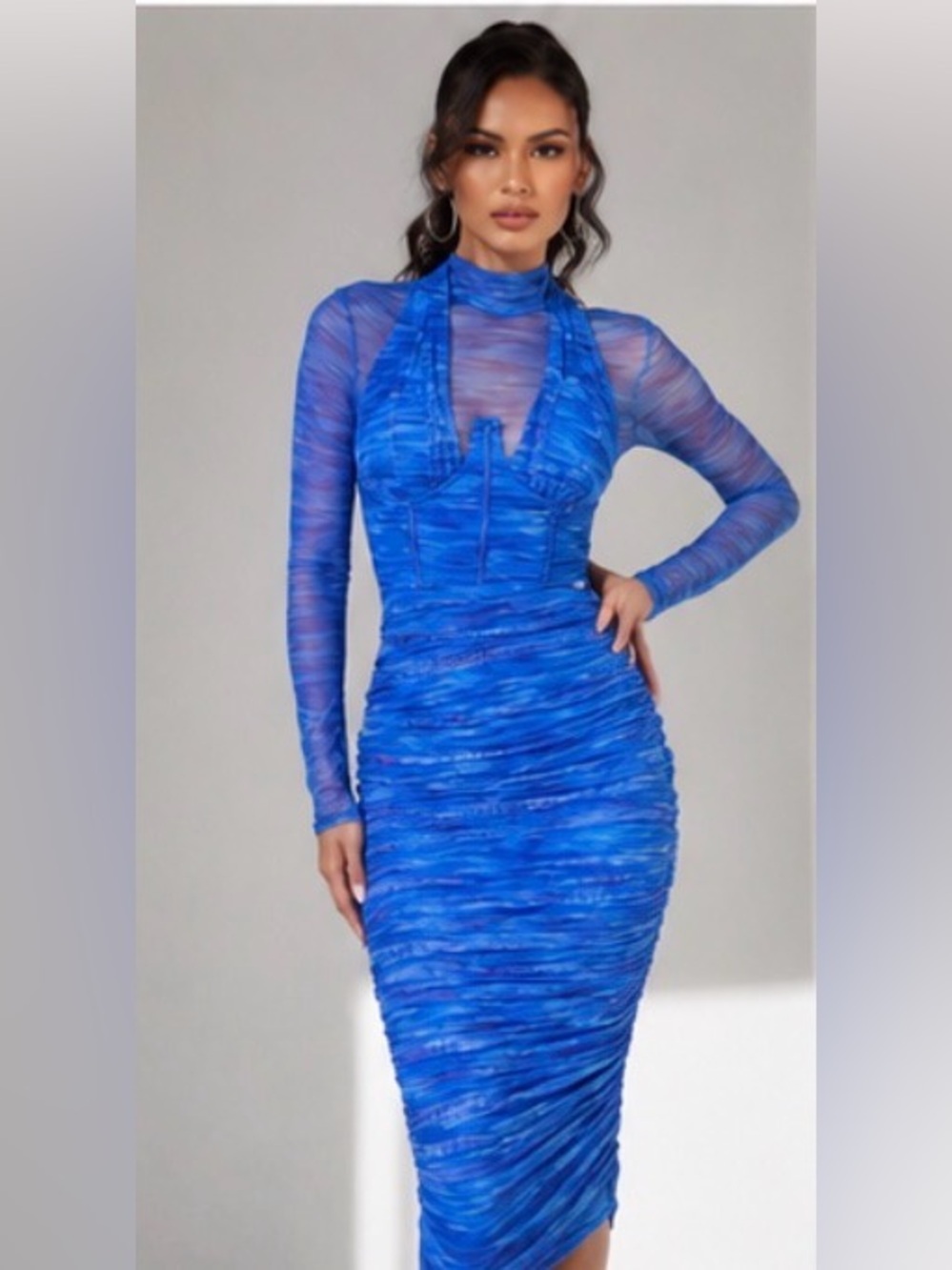 AKIRA Aqua Babe Blue Mesh Ruched Midi Dress Size Small - Picture 5 of 16